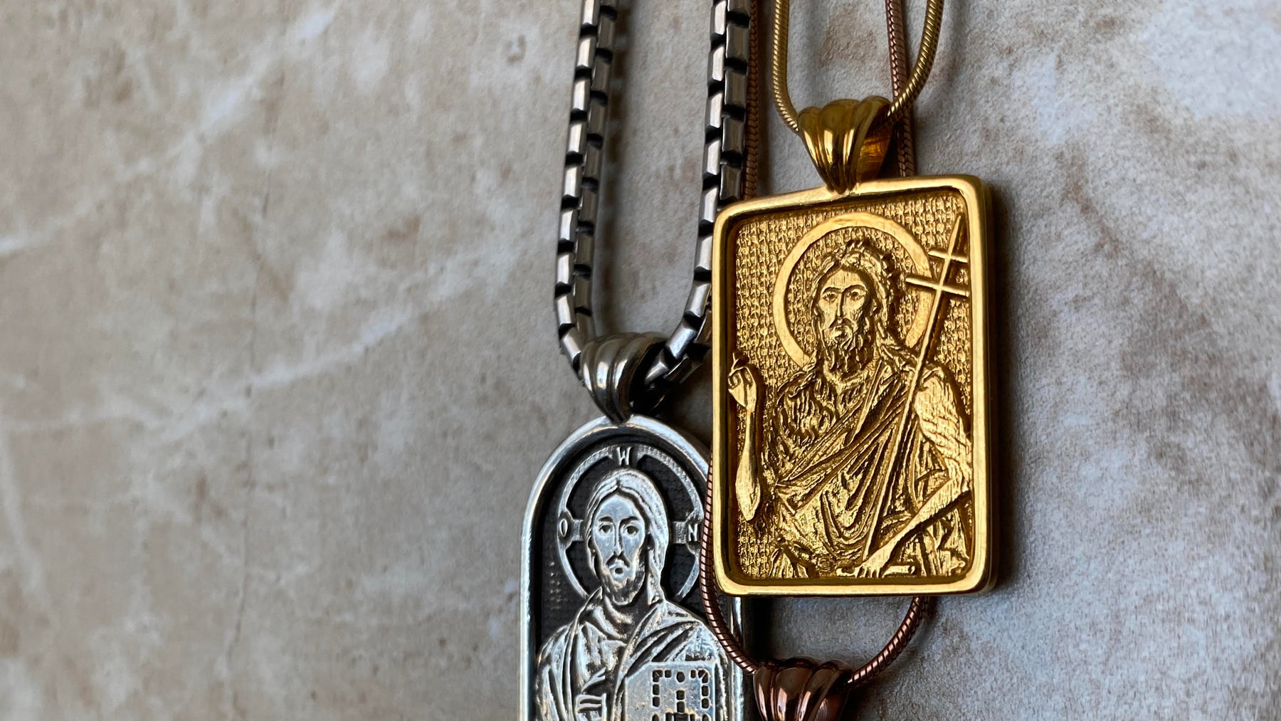 Sterling Silver Pantocrator Iconostasis Icon pendant with recessed oxidation. Yellow gold window Icon pendant of Saint John the Baptist.