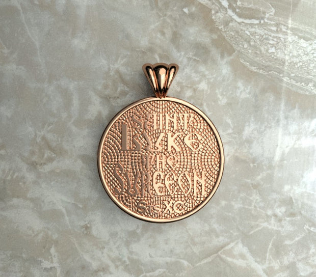 Saints of Christ Orthodox Icon Jewelry – Halo (Circle - Shaped) pendant of the Saint Luke the Surgeon in rose gold or plated rose gold. (Back Side)