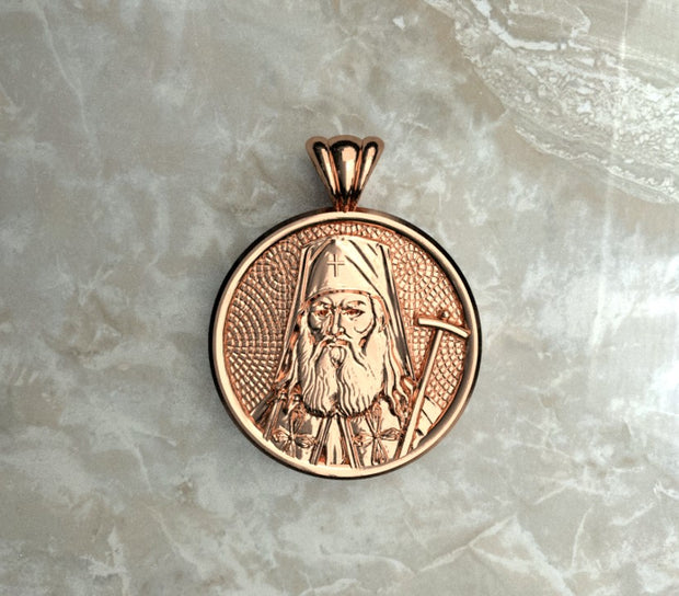 Saints of Christ Orthodox Icon Jewelry – Halo (Circle - Shaped) pendant of the Saint Luke the Surgeon in rose gold or plated rose gold. (Front Side)