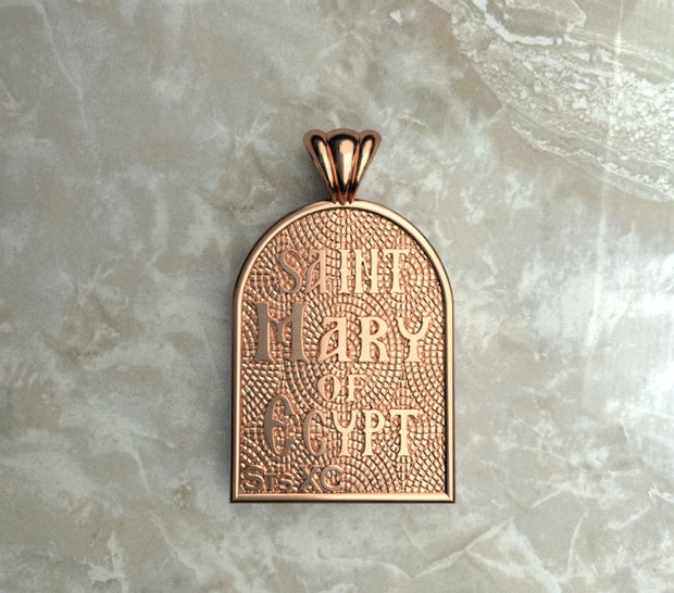 Saints of Christ Orthodox Icon Jewelry – Apse (Dome - Shaped) pendant of the Saint Mary of Egypt in rose gold or plated rose gold. (Back Side)