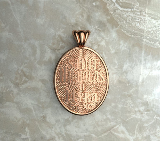 Saints of Christ Orthodox Icon Jewelry – Ovale (Oval - Shaped) pendant of the Saint Nicholas of Myra in rose gold or plated rose gold. (Back Side)