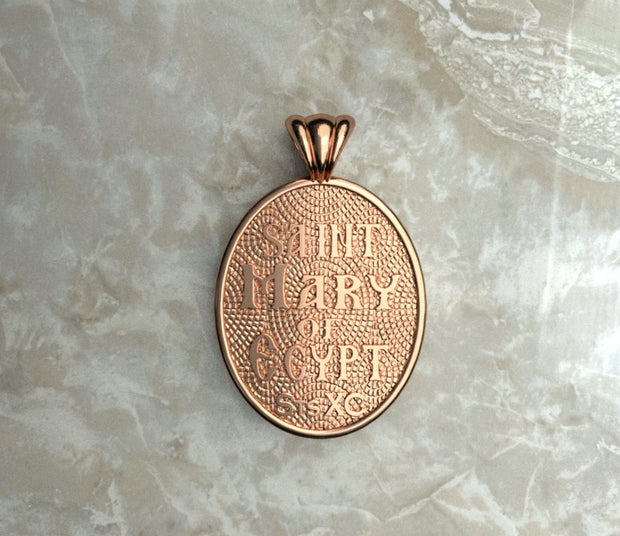 Saints of Christ Orthodox Icon Jewelry – Ovale (Oval- Shaped) pendant of the Saint Mary of Egypt in rose gold or plated rose gold. (Back Side)