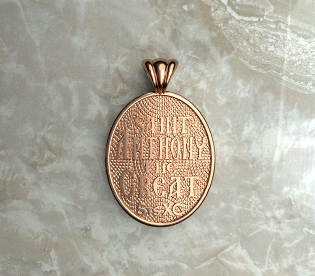 Saints of Christ Orthodox Icon Jewelry – Ovale (Oval- Shaped) pendant of the Saint Anthony the Great in rose gold or rose gold plated. (Back Side)