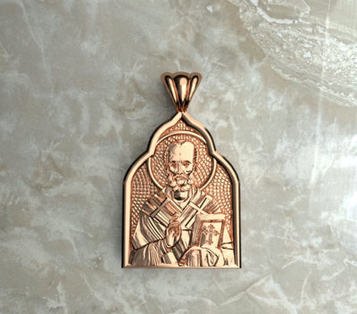 Saints of Christ Orthodox Icon Jewelry – Basilica (Pointed Dome - Shaped) pendant of the Saint Nicholas of Myra in rose gold or plated rose gold. (Front Side)
