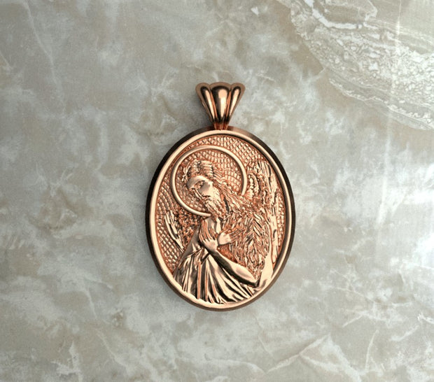 Saints of Christ Orthodox Icon Jewelry – Ovale (Oval- Shaped) pendant of the Saint John the Baptist in rose gold or rose gold plated. (Front Side)