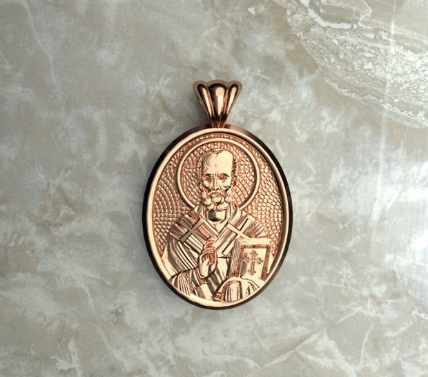 Saints of Christ Orthodox Icon Jewelry – Ovale (Oval - Shaped) pendant of the Saint Nicholas of Myra in rose gold or plated rose gold. (Front Side)