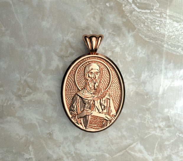Saints of Christ Orthodox Icon Jewelry – Ovale (Oval- Shaped) pendant of the Saint Anthony the Great in rose gold or rose gold plated. (Front Side)
