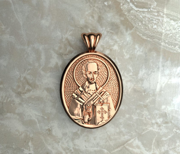 Saints of Christ Orthodox Icon Jewelry – Ovale (Oval- Shaped) pendant of the Saint John Chrysostom in rose gold or rose gold plated. (Front Side)