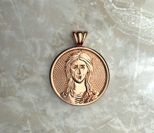 Saints of Christ Orthodox Icon Jewelry – Halo (Circle - Shaped) pendant of the Saint Mary of Egypt in rose gold or plated rose gold. (Front Side)