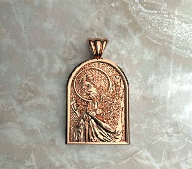 Saints of Christ Orthodox Icon Jewelry – Apse (Dome - Shaped) pendant of the Saint John the Baptist in rose gold or plated rose gold. (Front Side)