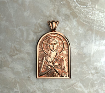 Saints of Christ Orthodox Icon Jewelry – Apse (Dome - Shaped) pendant of the Saint Mary of Egypt in rose gold or plated rose gold. (Front Side)