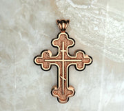 Saints of Christ Jewelry's Signature Three Budded Three Bar Orthodox Cross necklace and pendant in rose gold and rose gold plated.