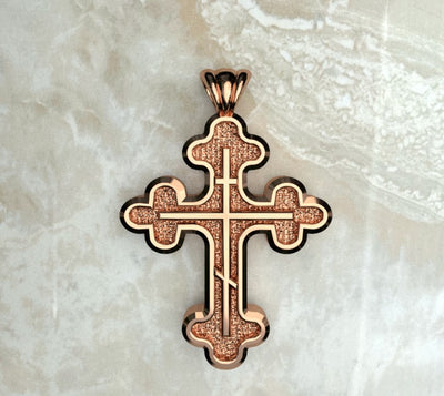 Saints of Christ Jewelry's Signature Three Budded Three Bar Orthodox Cross necklace and pendant in rose gold and rose gold plated.