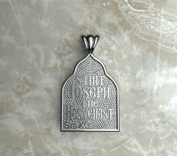 Saints of Christ Orthodox Icon Jewelry – Basilica (pointed Dome - Shaped) pendant of the Saint Joseph the Hesychast in silver or white gold. (Back Side)