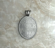 Saints of Christ Orthodox Icon Jewelry – Ovale (Oval - Shaped) pendant of the Saint Nicholas of Myra in silver or white gold. (Back Side)