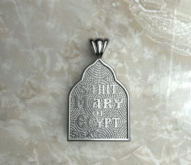 Saints of Christ Orthodox Icon Jewelry – Basilica (Pointed Dome - Shaped) pendant of the Saint Mary of Egypt in silver or white gold. (Back Side)