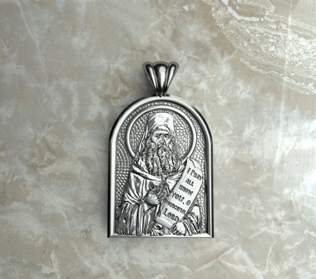 Saints of Christ Orthodox Icon Jewelry – Apse (Dome - Shaped) pendant of the Saint Silouan the Athonite in silver or white gold. (Front Side)