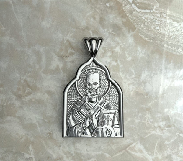 Saints of Christ Orthodox Icon Jewelry – Basilica (Pointed Dome - Shaped) pendant of the Saint Nicholas of Myra in silver or white gold. (Front Side)