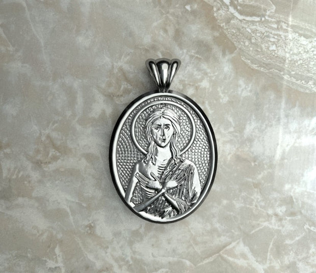 Saints of Christ Orthodox Icon Jewelry – Ovale (Oval- Shaped) pendant of the Saint Mary of Egypt in silver or white gold. (Front Side)
