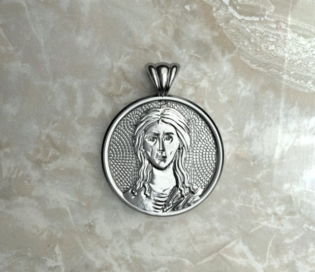 Saints of Christ Orthodox Icon Jewelry – Halo (Circle - Shaped) pendant of the Saint Mary of Egypt in silver or white gold. (Front Side)