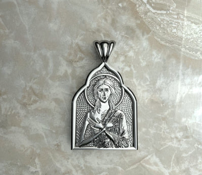 Saints of Christ Orthodox Icon Jewelry – Basilica (Pointed Dome - Shaped) pendant of the Saint Mary of Egypt in silver or white gold. (Front Side)