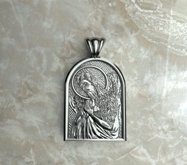 Saints of Christ Orthodox Icon Jewelry – Apse (Dome - Shaped) pendant of the Saint John the Baptist in silver or white gold. (Front Side)