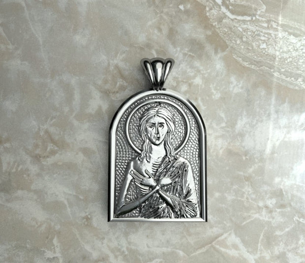 Saints of Christ Orthodox Icon Jewelry – Apse (Dome - Shaped) pendant of the Saint Mary of Egypt in silver or white gold. (Front Side)