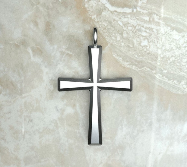 Sterling silver or white gold basic beveled Latin cross.