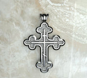 Saints of Christ Jewelry's Signature Three Budded Three Bar Orthodox Cross necklace and pendant in white gold or silver.