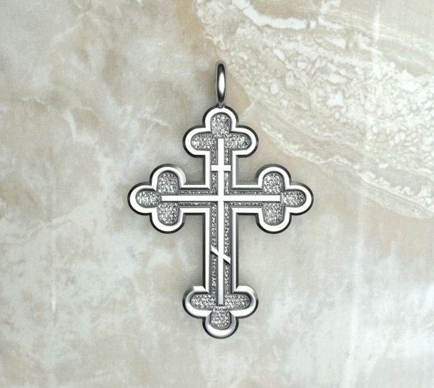 Sterling silver or white gold three budded cross with three bar inlay.