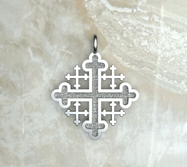 Sterling silver or white gold three budded Jerusalem cross.