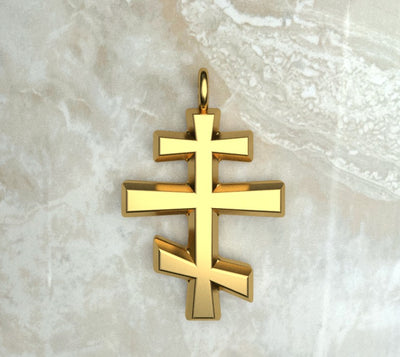 Yellow gold or yellow gold plated round beveled three bar orthodox cross.