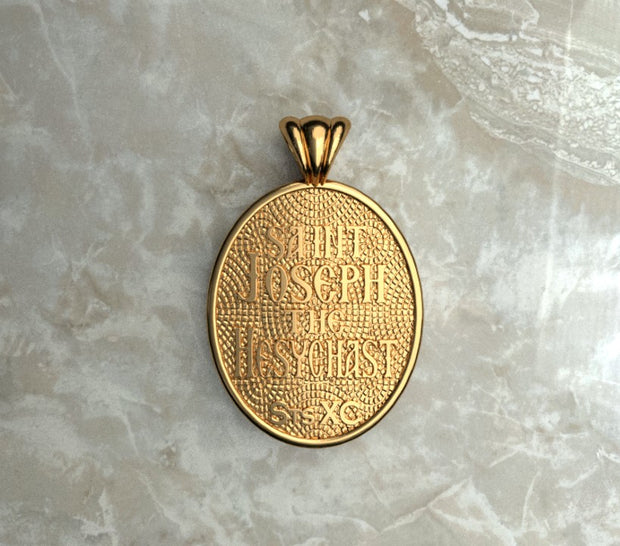 Saints of Christ Orthodox Icon Jewelry – Ovale (Oval - Shaped) pendant of the Saint Joseph the Hesychast in yellow gold or plated yellow gold. (Back Side)