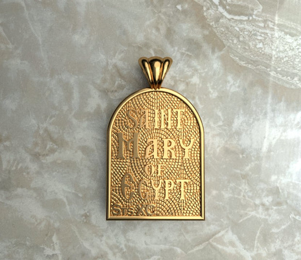 Saints of Christ Orthodox Icon Jewelry – Apse (Dome - Shaped) pendant of the Saint Mary of Egypt in yellow gold or plated yellow gold. (Back Side)