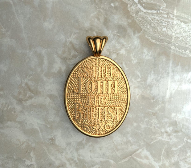 Saints of Christ Orthodox Icon Jewelry – Ovale (Oval- Shaped) pendant of the Saint John the Baptist in yellow gold or plated yellow gold. (Back Side)