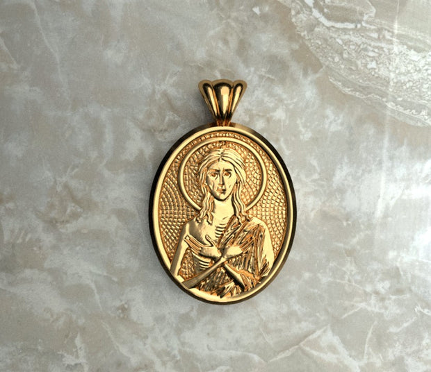 Saints of Christ Orthodox Icon Jewelry – Ovale (Oval- Shaped) pendant of the Saint Mary of Egypt in yellow gold or plated yellow gold. (Front Side)