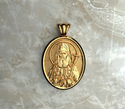 Saints of Christ Orthodox Icon Jewelry – Ovale (Oval - Shaped) pendant of the Saint Luke the Surgeon in yellow gold or plated yellow gold. (Front Side)