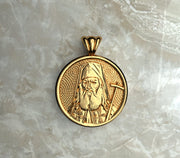 Saints of Christ Orthodox Icon Jewelry – Halo (Circle - Shaped) pendant of the Saint Luke the Surgeon in yellow gold or plated yellow gold. (Front Side)