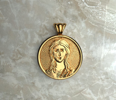 Saints of Christ Orthodox Icon Jewelry – Halo (Circle - Shaped) pendant of the Saint Mary of Egypt in yellow gold or plated yellow gold. (Front Side)