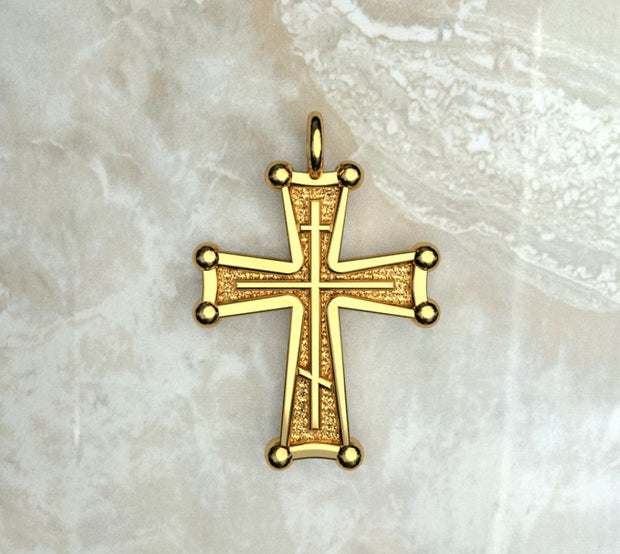 Saints of Christ Jewelry's Sinai Cross with a three bar inlay. In yellow gold or yellow gold plated.