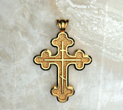 Saints of Christ Jewelry's Signature Three Budded Three Bar Orthodox Cross necklace and pendant in yellow gold and yellow gold plated.