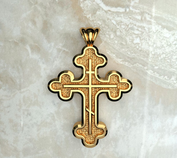Saints of Christ Jewelry's Signature Three Budded Three Bar Orthodox Cross necklace and pendant in yellow gold and yellow gold plated.