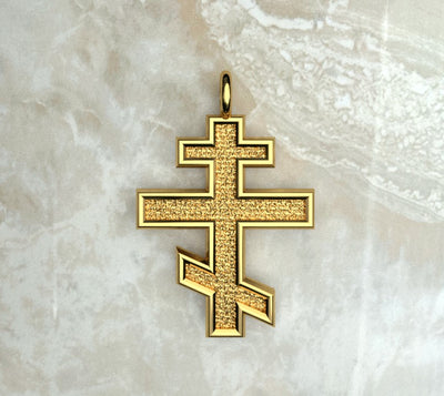 Saints of Christ Jewelry's Three Bar Orthodox Cross necklace and pendant in yellow gold or yellow gold plated.